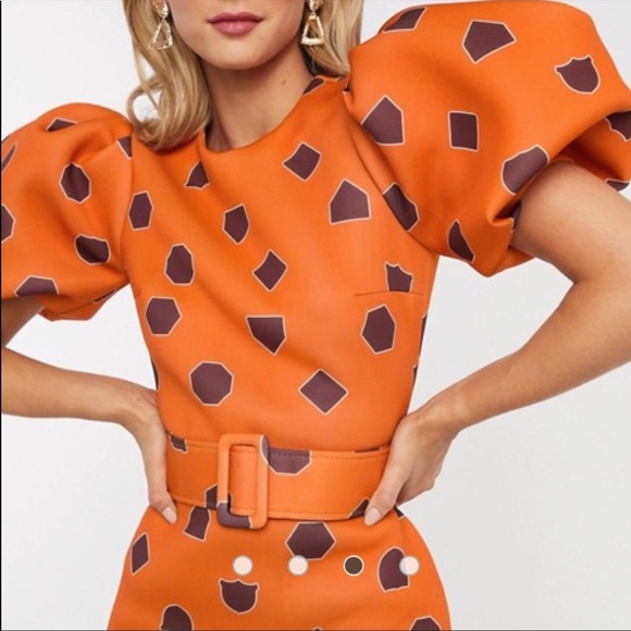 puff sleeve geometric print belted midi dress - Picture 2 of 4